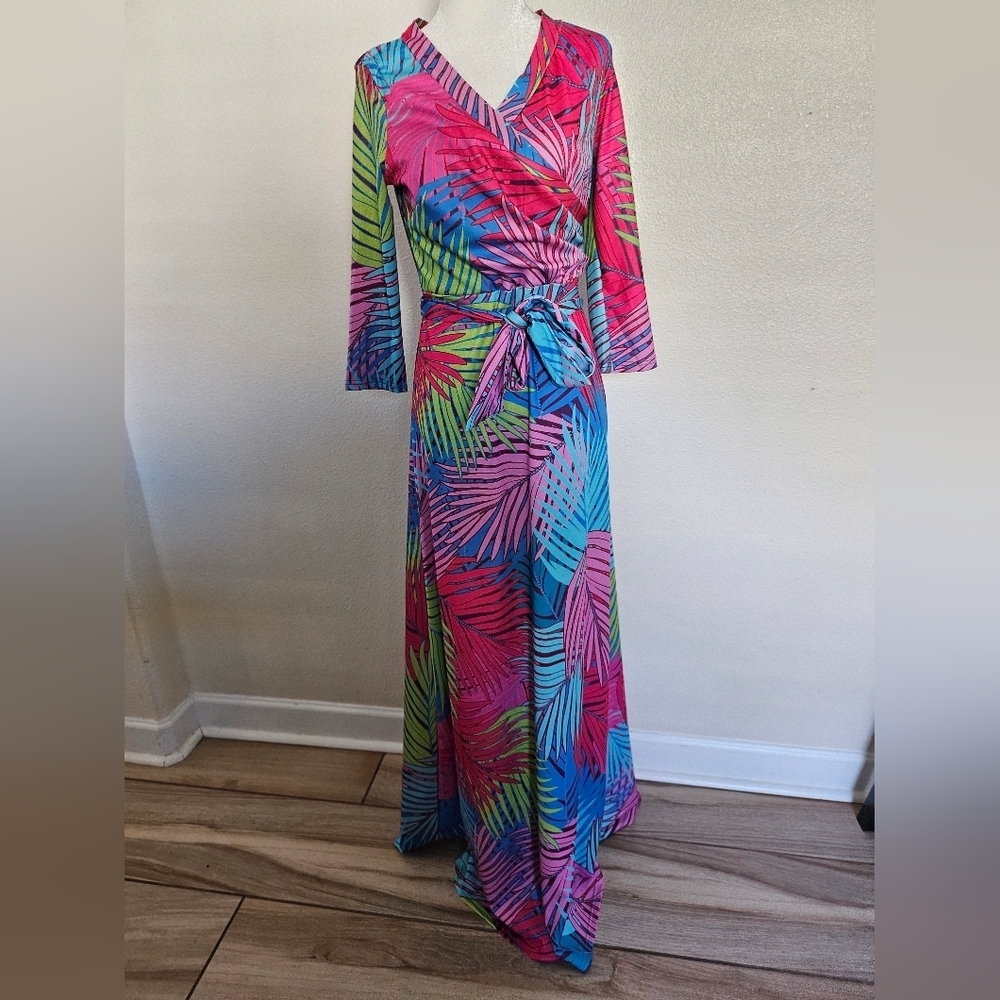 Tropical Multicolor Women's Palm Print Faux Wrap Maxi Dress Casual Size M. - Picture 2 of 8